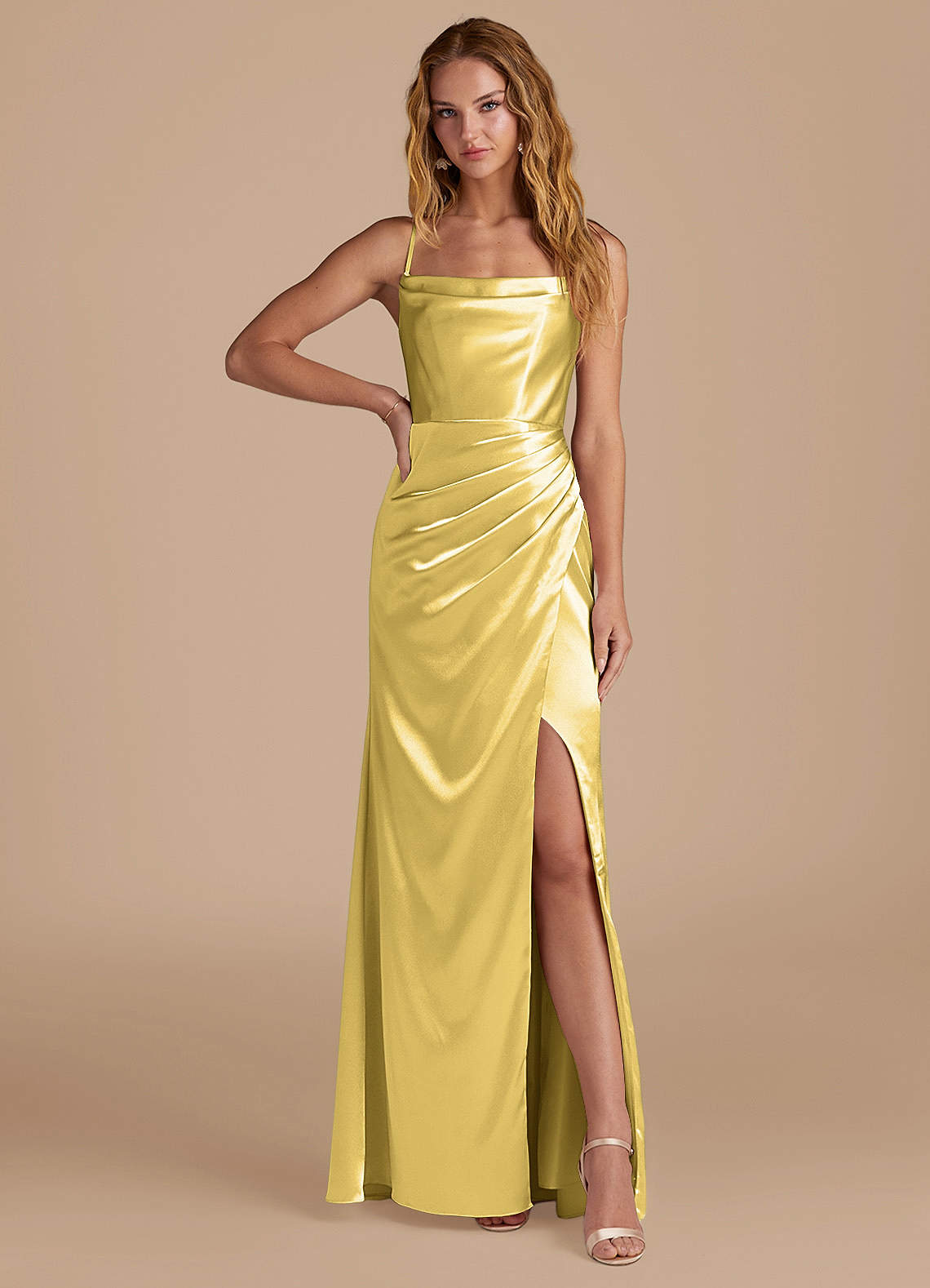 Marzia Mermaid Square-Neck Metallic Satin Bridesmaid Dress in Canary