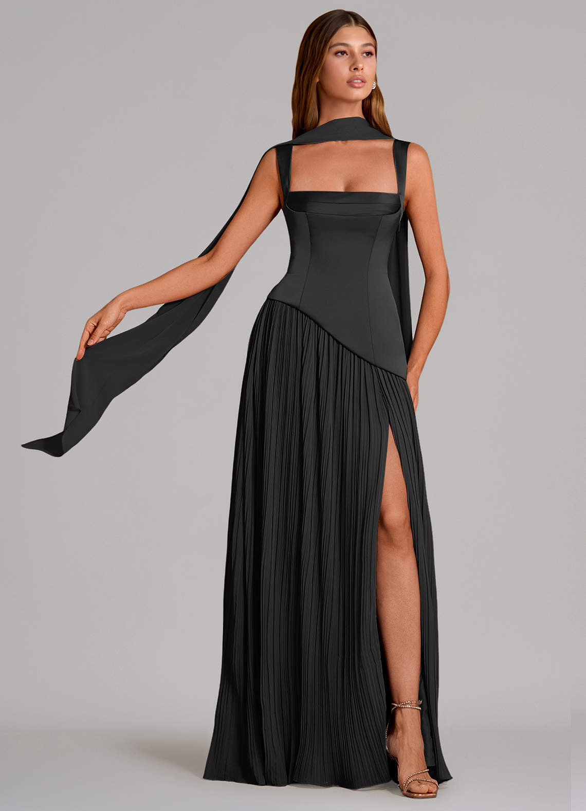 Stephanie A-Line Square-Neck Stretch Satin and Chiffon Bridesmaid Dress in black