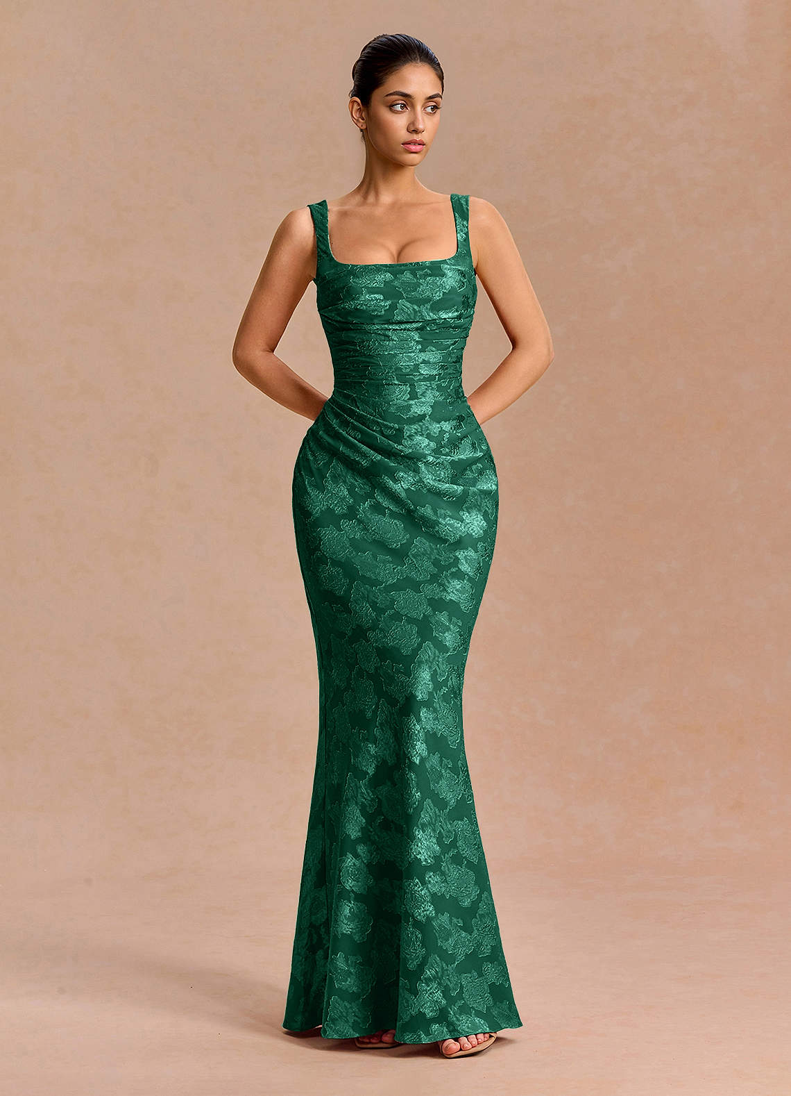 Agustina Square-Neck Pleated Fil Coupé Evening Dress in Lemon Sorbet