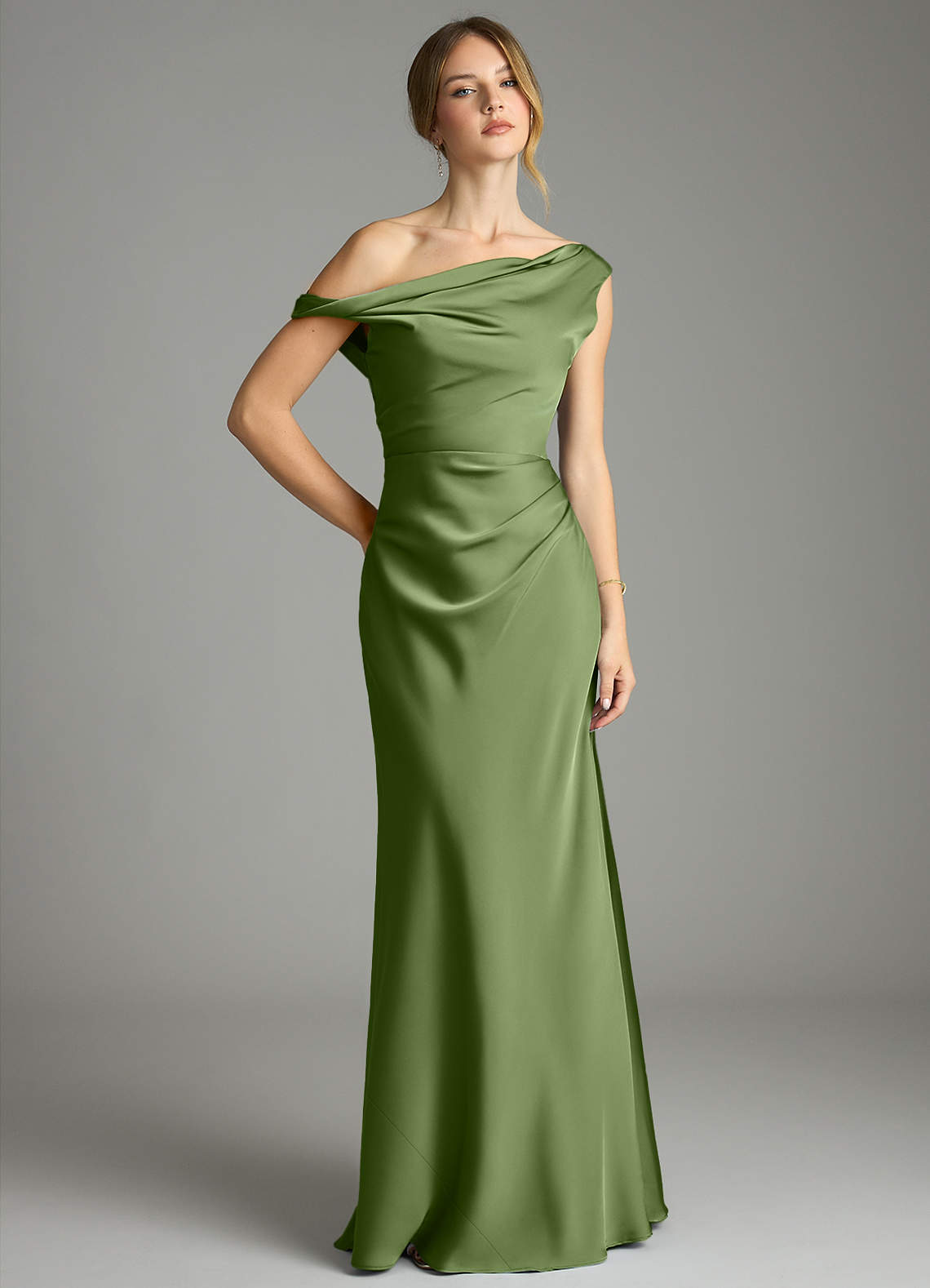 Emerson Mermaid One-Shoulder Stretch Satin Bridesmaid Dress in Juniper