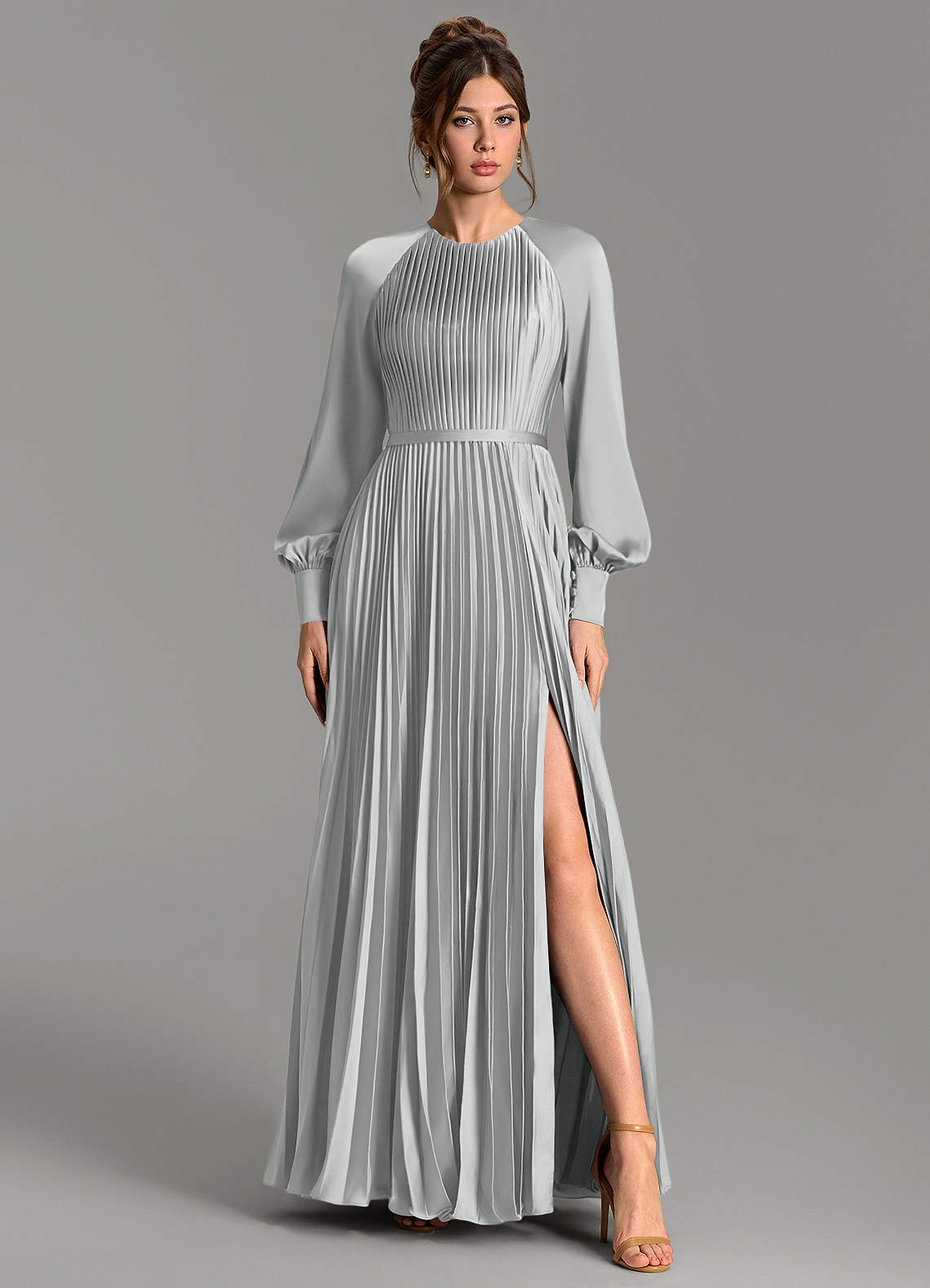 Grayson A-Line Scoop-Neck Stretch Satin Bridesmaid Dress in Silver