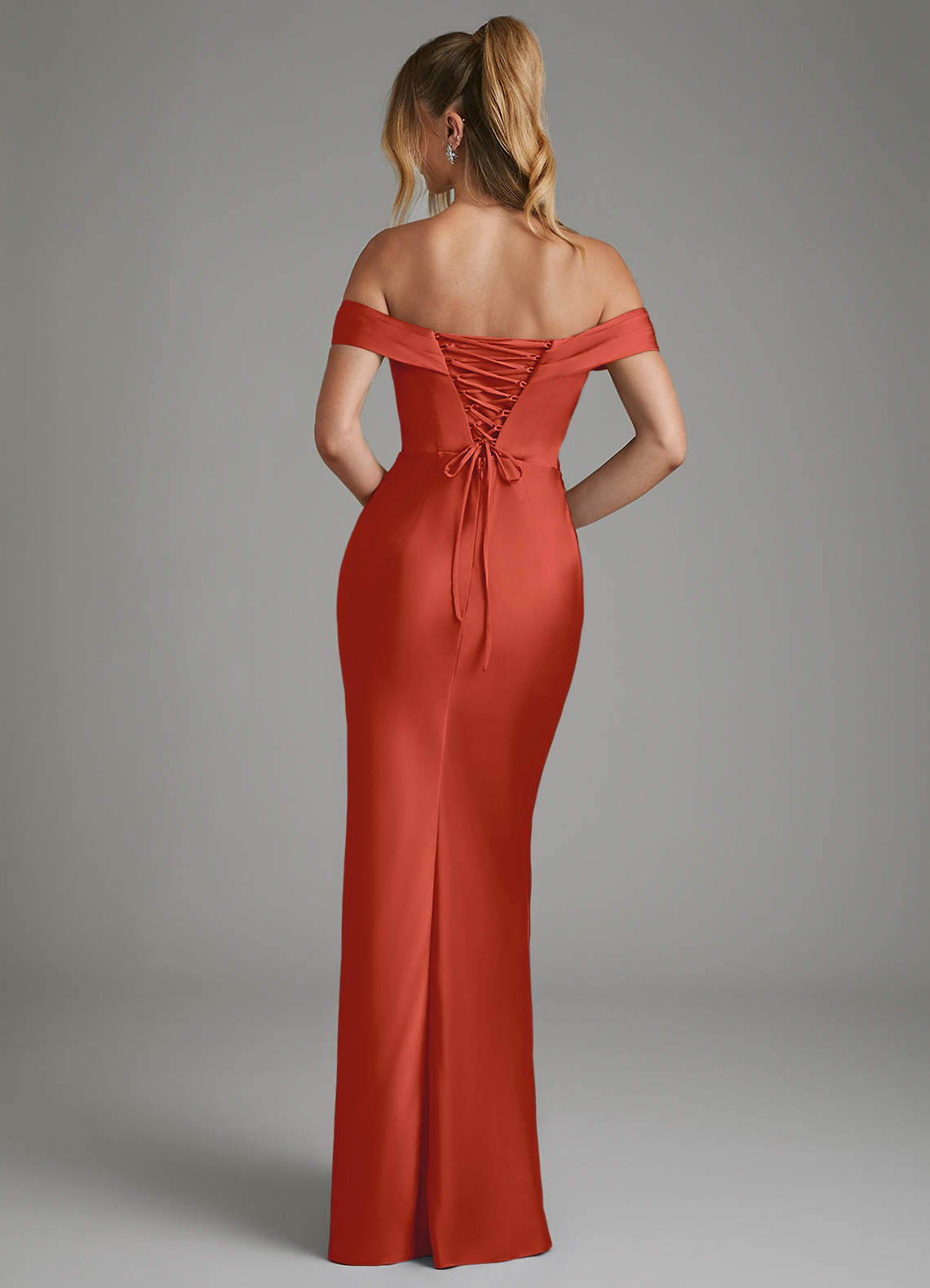 Hayden Mermaid Off-the-Shoulder Stretch Satin Bridesmaid Dress in Rust