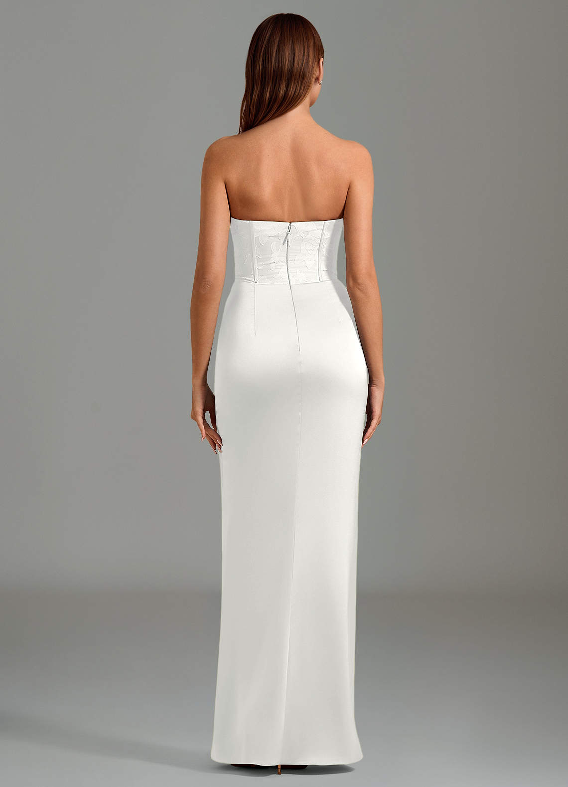 Emilia Mermaid Strapless Stretch Satin and Floral Burnout Bridesmaid Dress in white