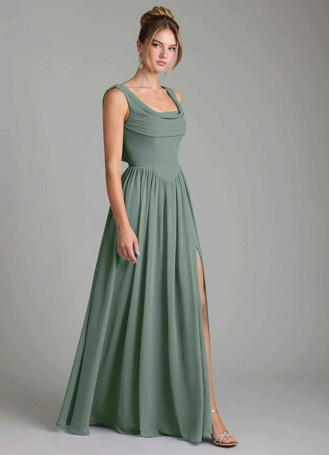 Novi A-Line Square-Neck Chiffon Bridesmaid Dress in Eucalyptus