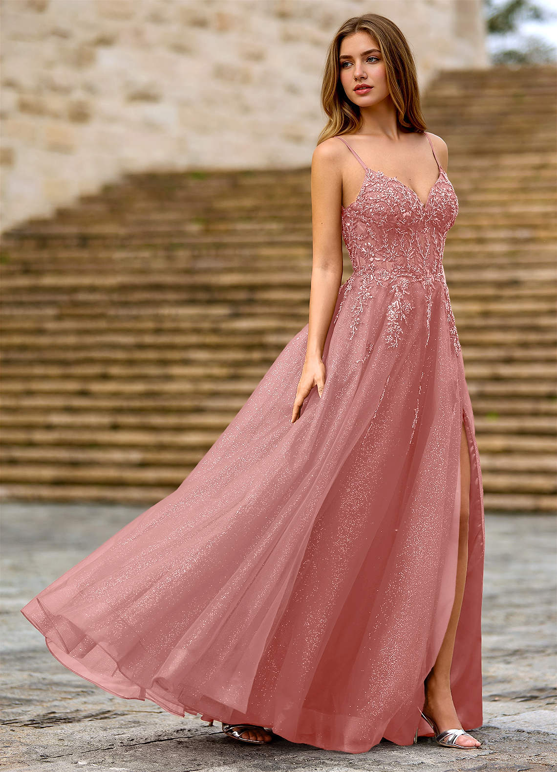 Milliener A-Line V-Neck Tulle Evening Dress in Dusty Pink