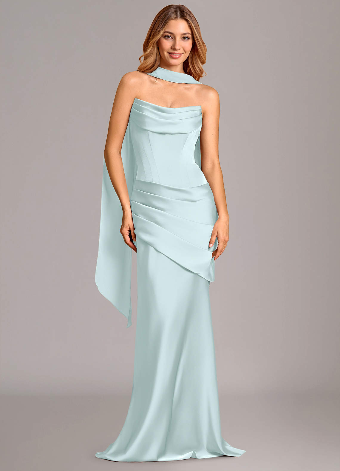 Pelagia Mermaid Cowl-Neck Stretch Satin Bridesmaid Dress in Sea Glass