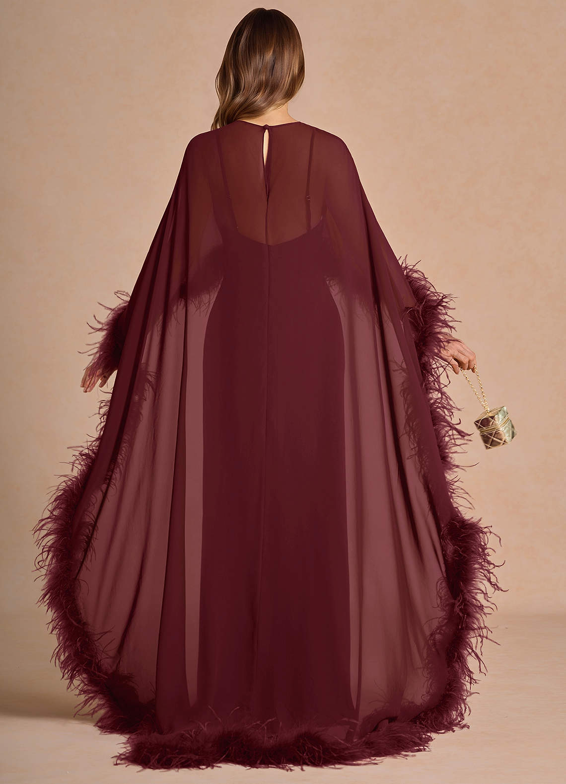 Samara Sheath Feather-Trim Satin Chiffon Wedding Guest Dress in Wine