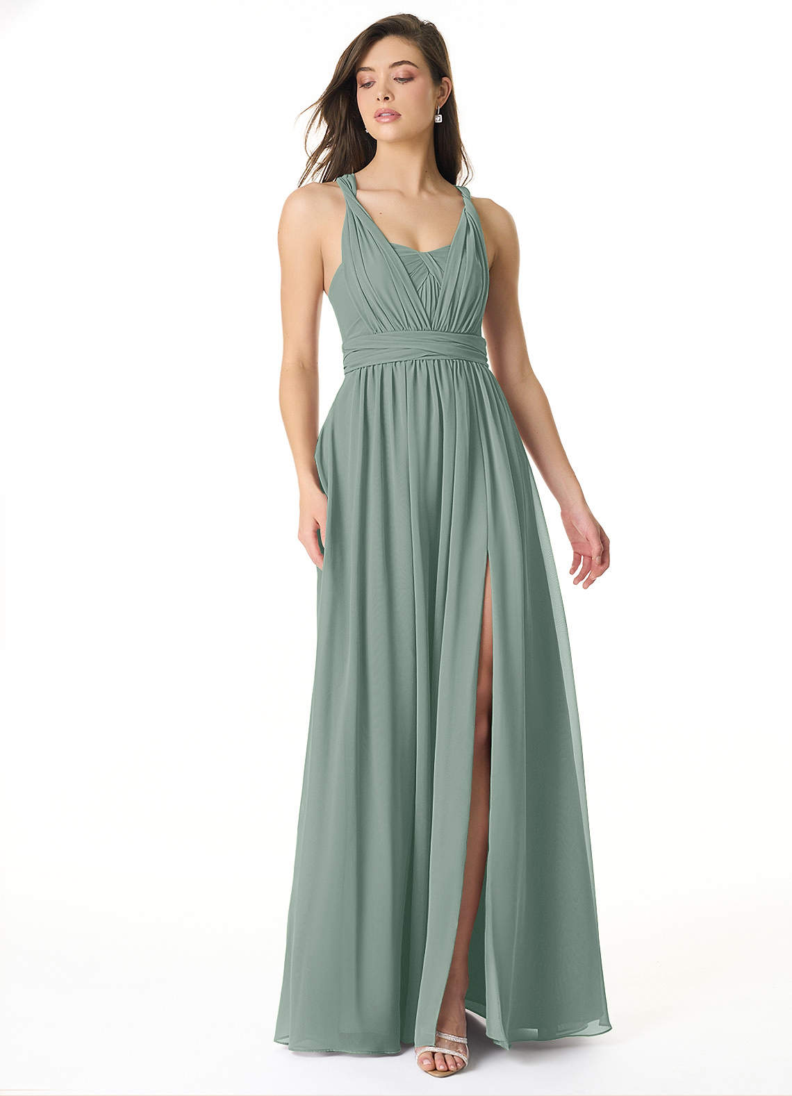 Olani A-Line V-Neck Chiffon Bridesmaid Dress in Silver Sage