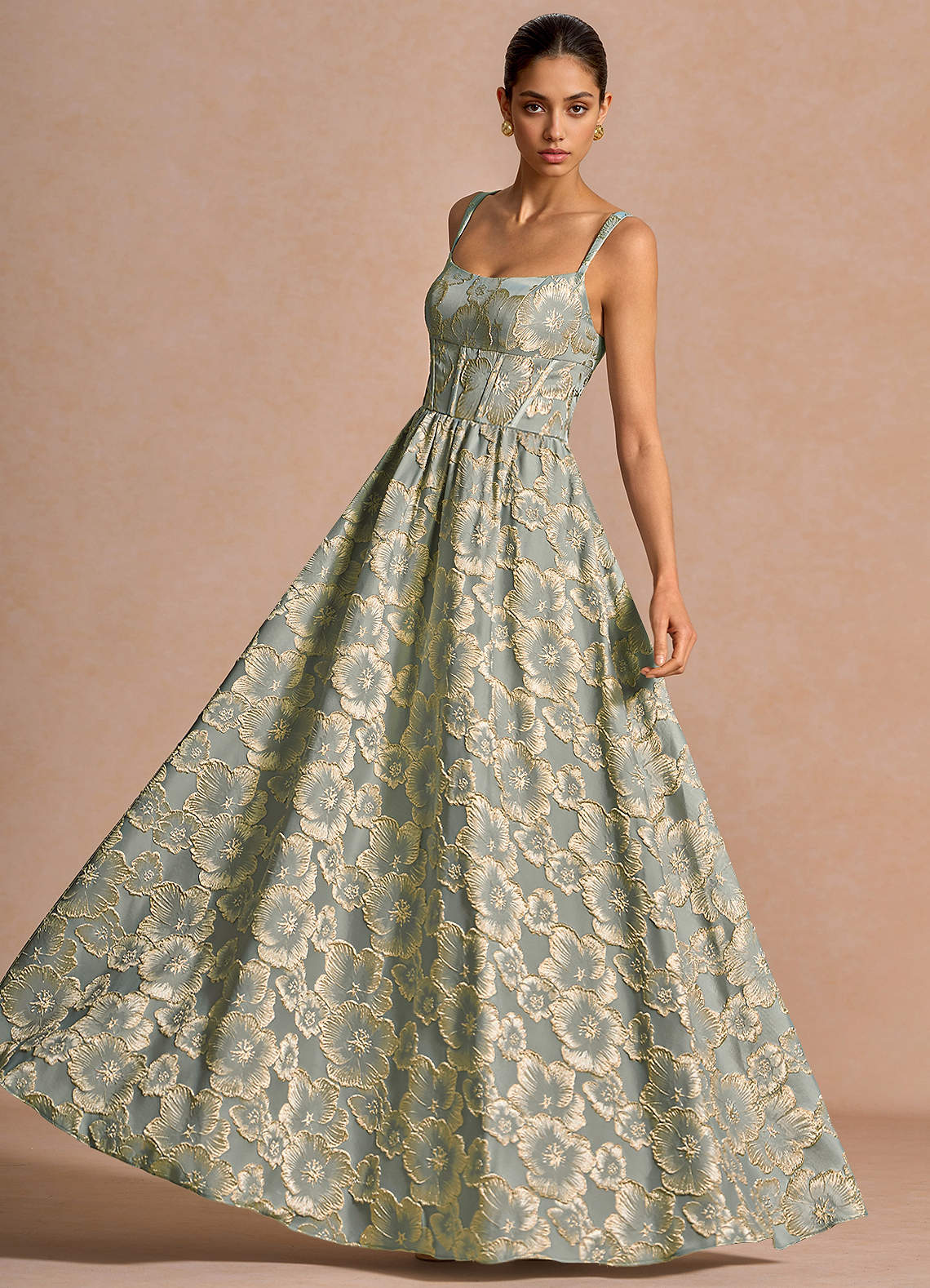 Julietteh A-Line Strappy Jacquard Taffeta Evening Dress in Black
