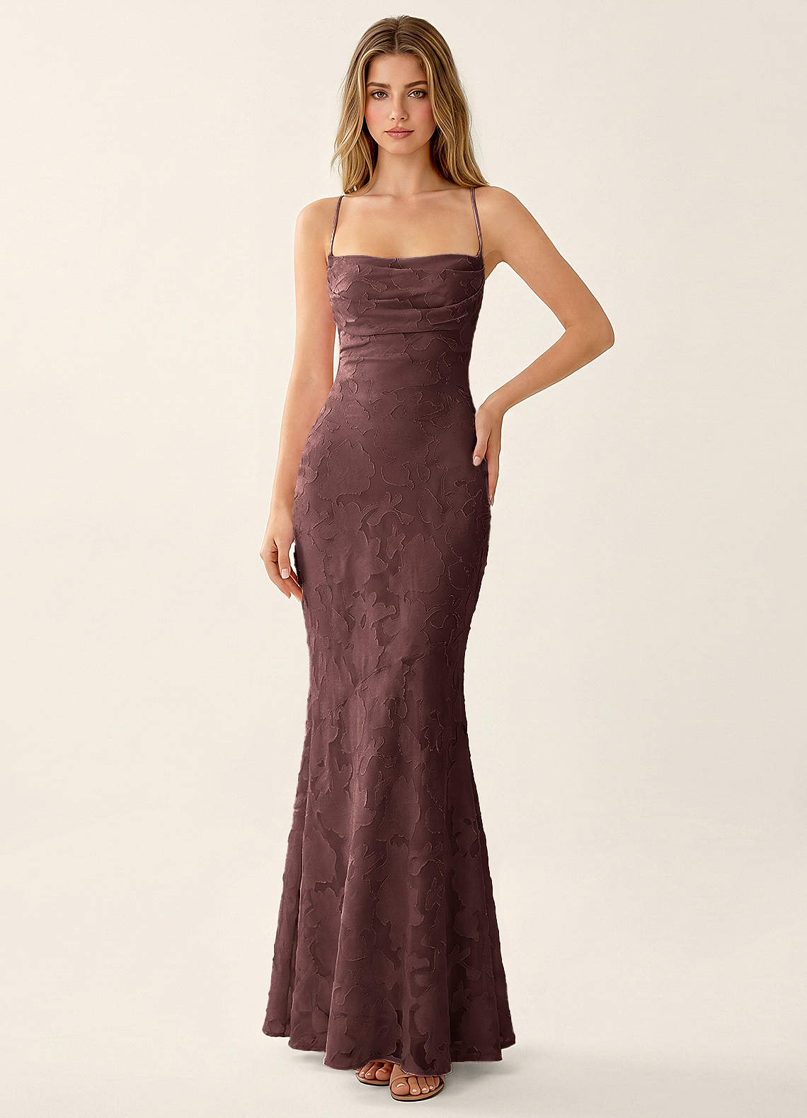 Natasha Mermaid Spaghetti-Strap Floral Burnout Evening Dress in Mocha Coco