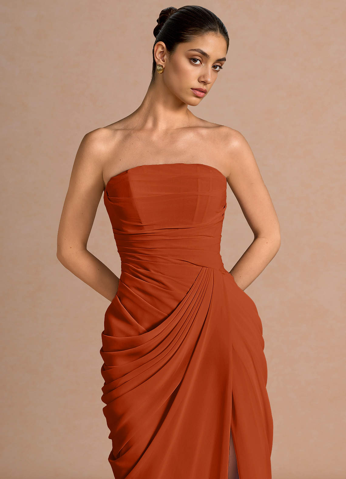 Kaavia Column Pleated Chiffon Maxi Evening Dress in Rust