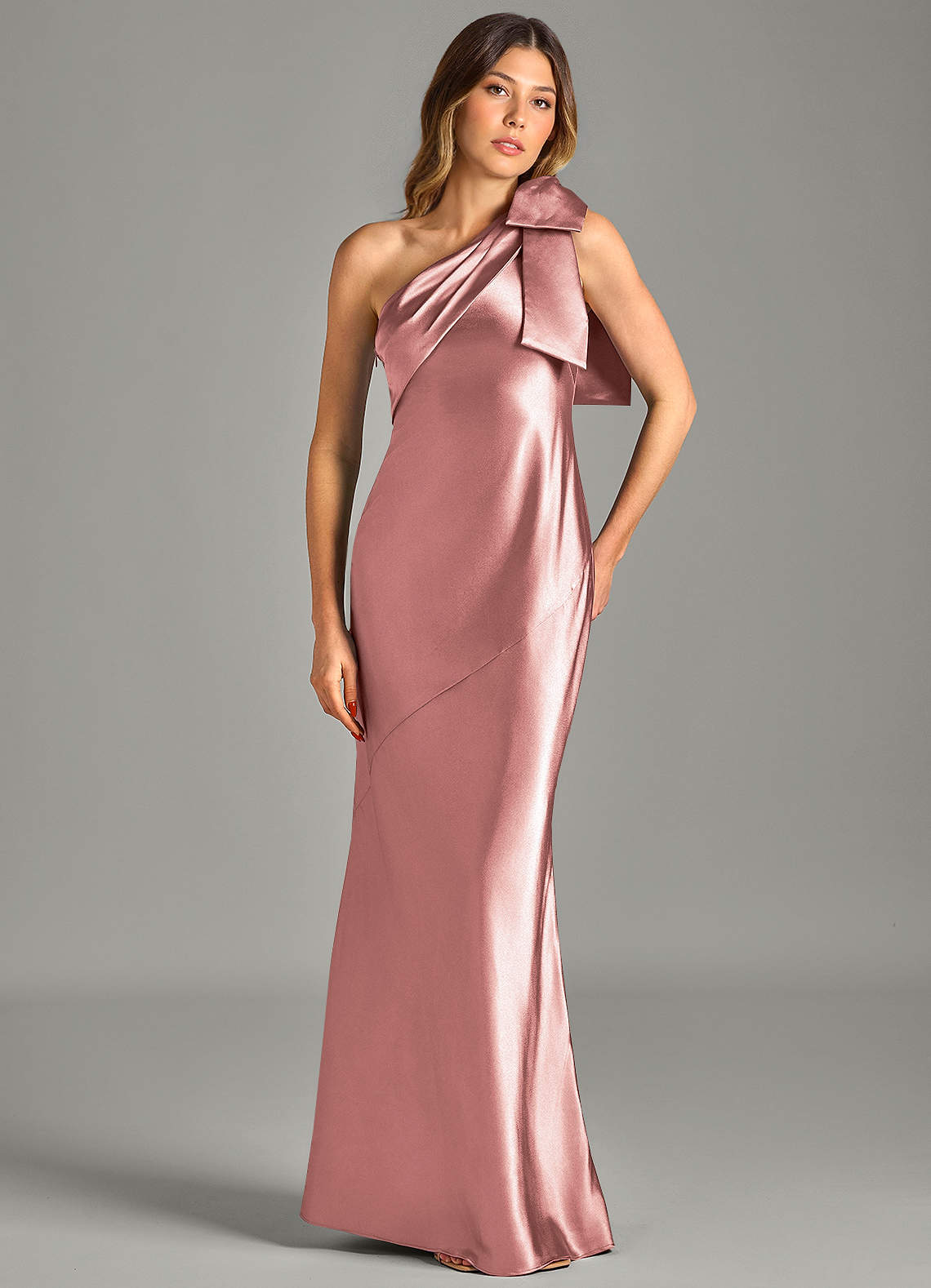 Yuanna Mermaid One-Shoulder Metallic Satin Bridesmaid Dress in dusty rose