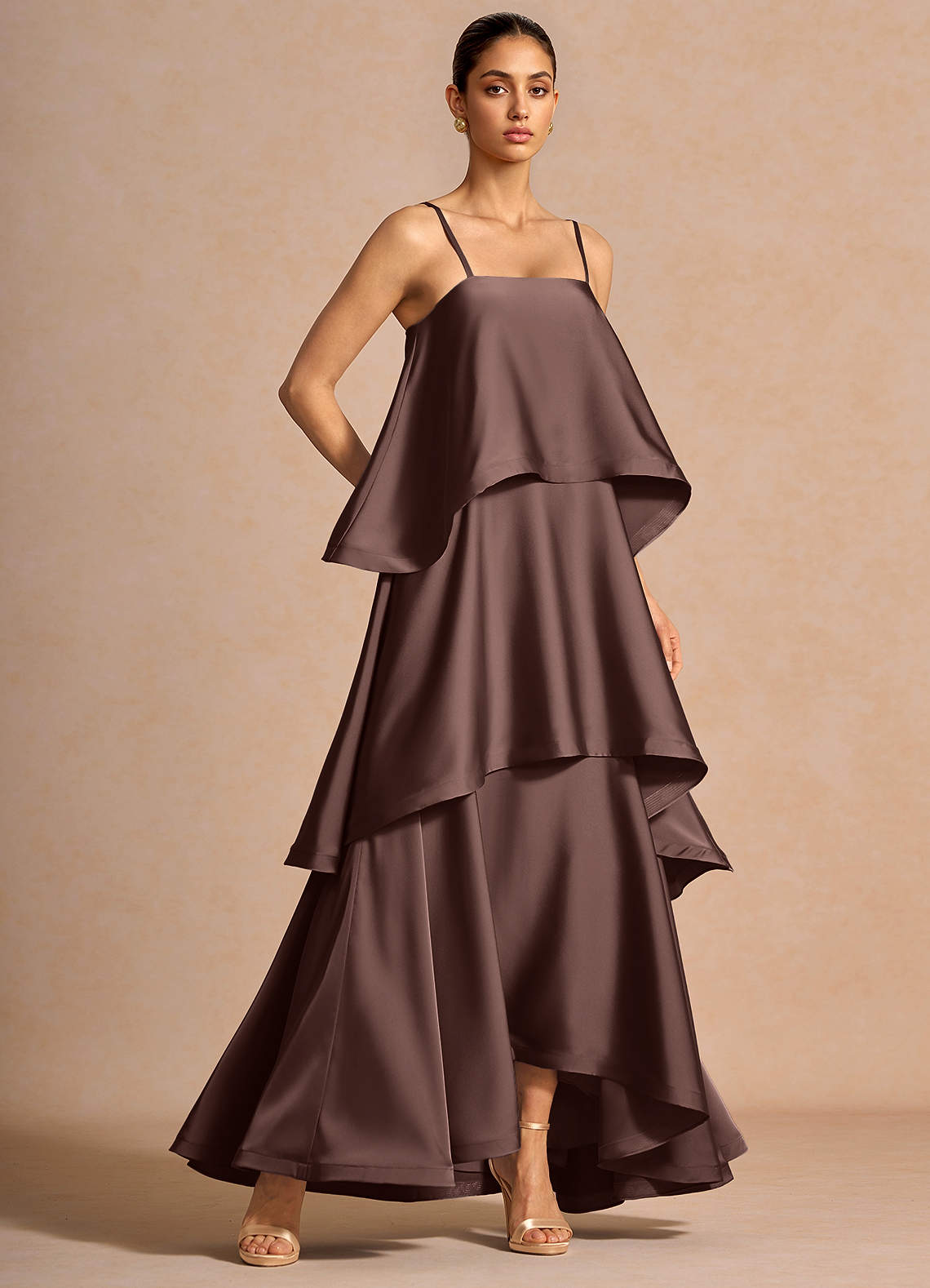 Itasca A-Line Tiered Stretch Satin Wedding Guest Dress in Truffle