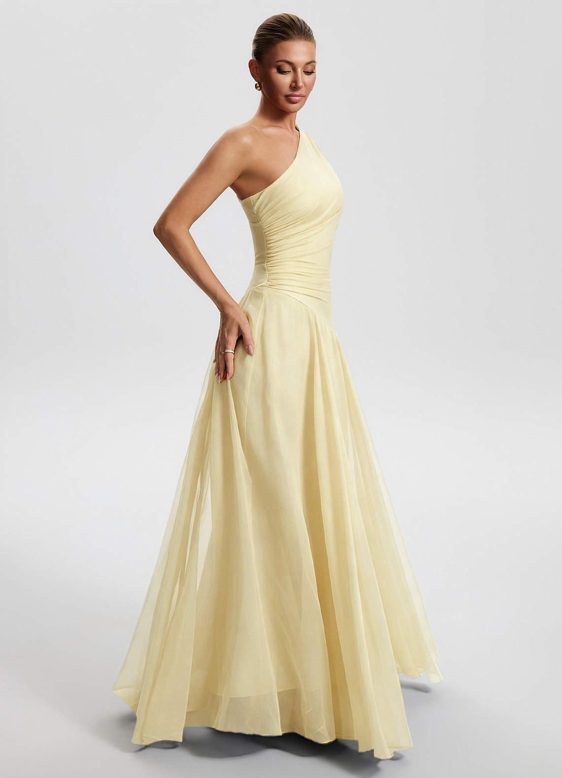 Sylvaine A-Line One-Shoulder Chiffon Wedding Guest Dress in Lemon Sorbet