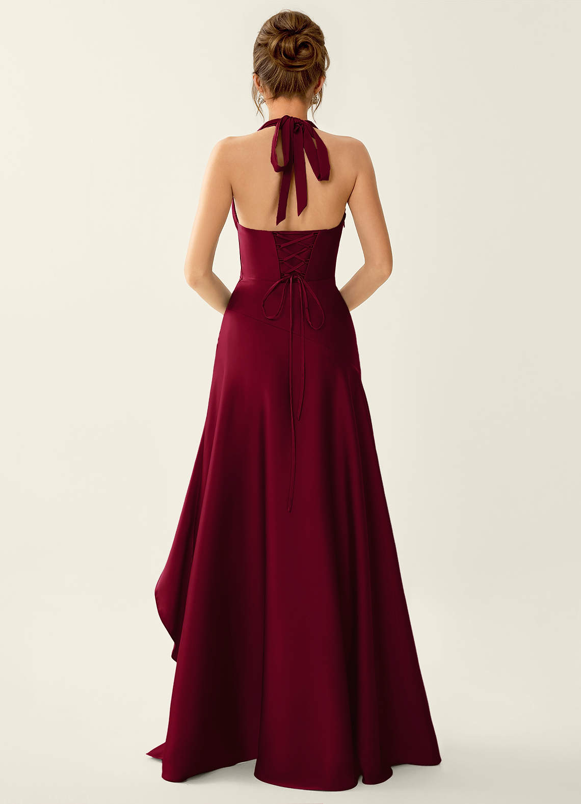 Titania Halter Asymmetric-Ruffle Satin Evening Dress in Merlot