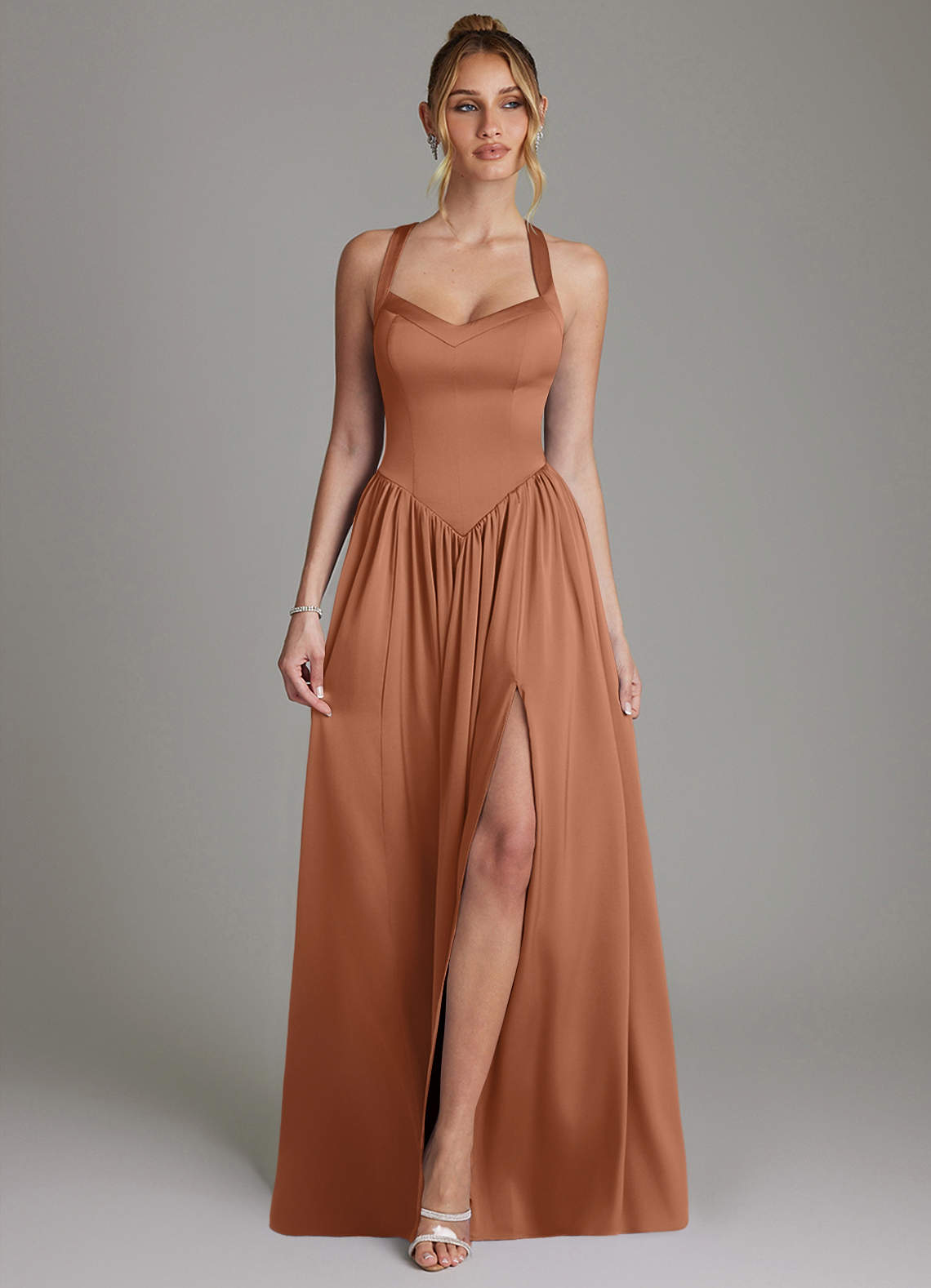 Francis A-Line V-Neck Stretch Satin Bridesmaid Dress in Bronzer