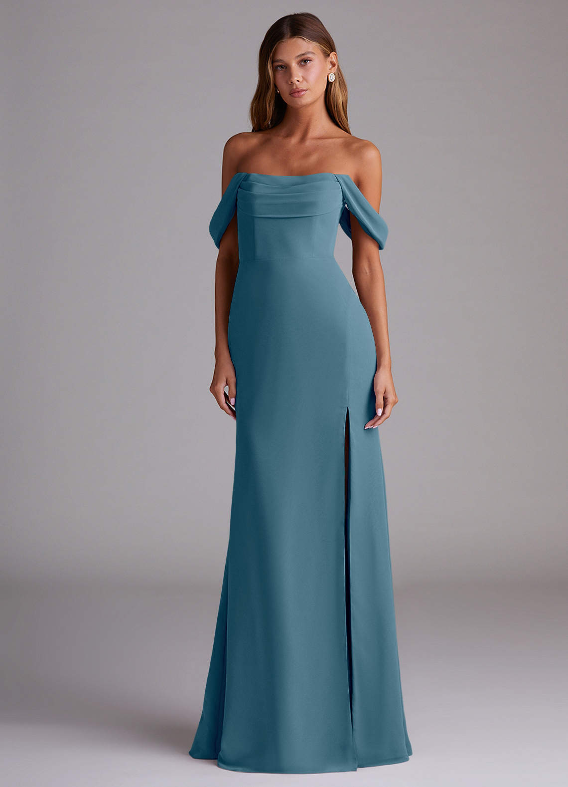 Saige A-Line Off-the-Shoulder Chiffon Bridesmaid Dress in Bermuda
