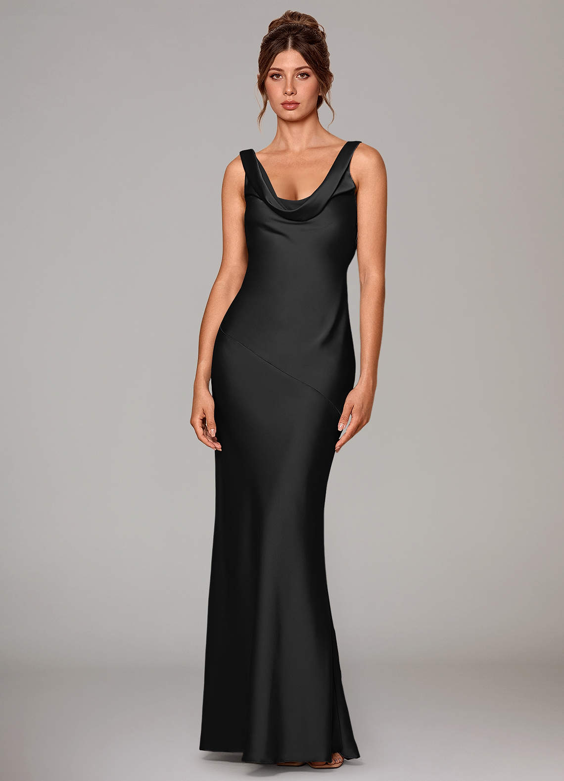 Rylina Mermaid Cowl-Neck Stretch Satin Bridesmaid Dress in black