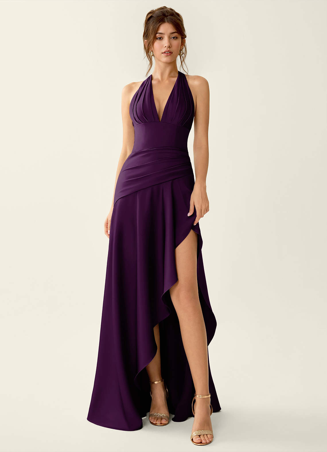 Titania Halter Asymmetric-Ruffle Satin Evening Dress in Grape