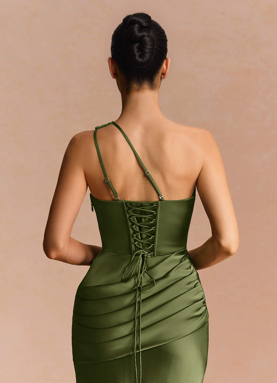 Guinevere One-Shoulder Cutout Stretch Satin Evening Dress in Olive