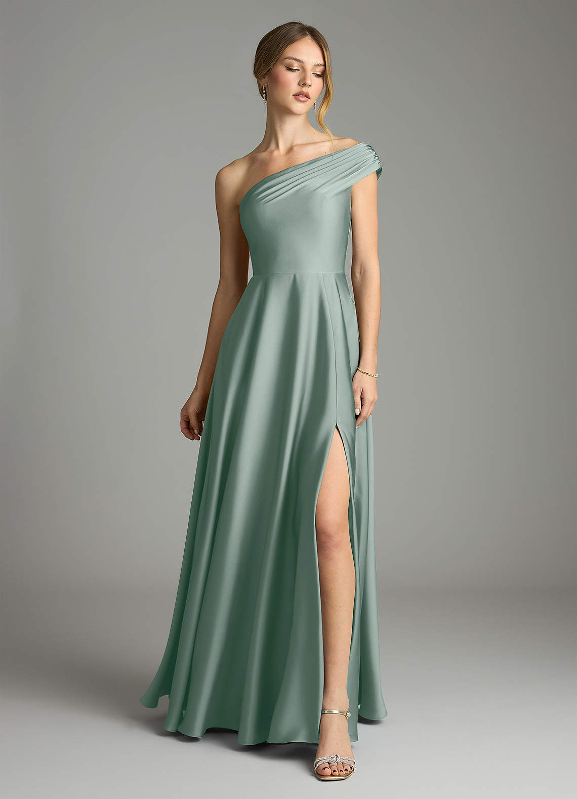 Melanie A-Line One-Shoulder Stretch Satin Bridesmaid Dress in Silver Sage
