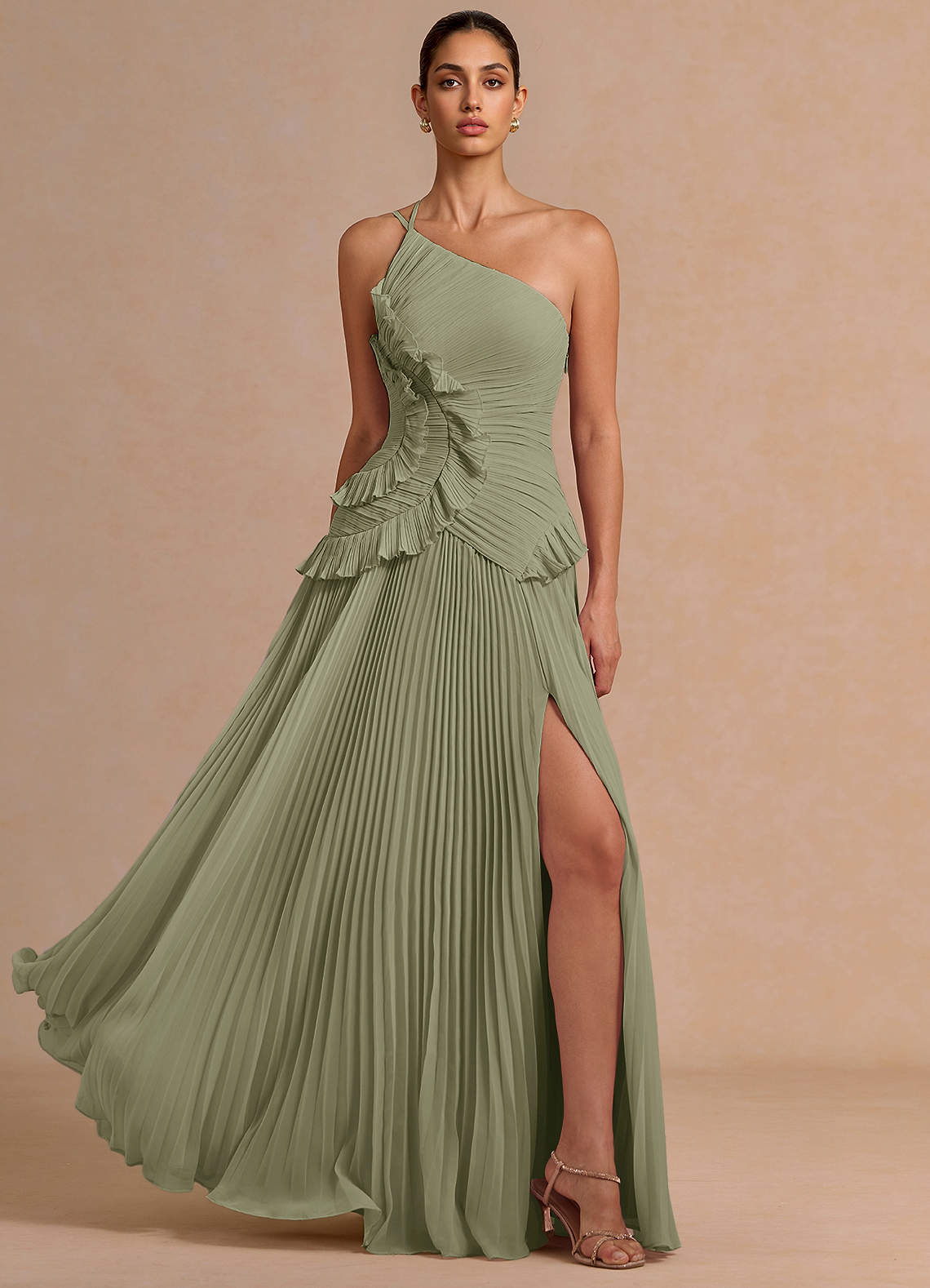 Melody A-Line One-Shoulder Chiffon Evening Dress in Pistachio