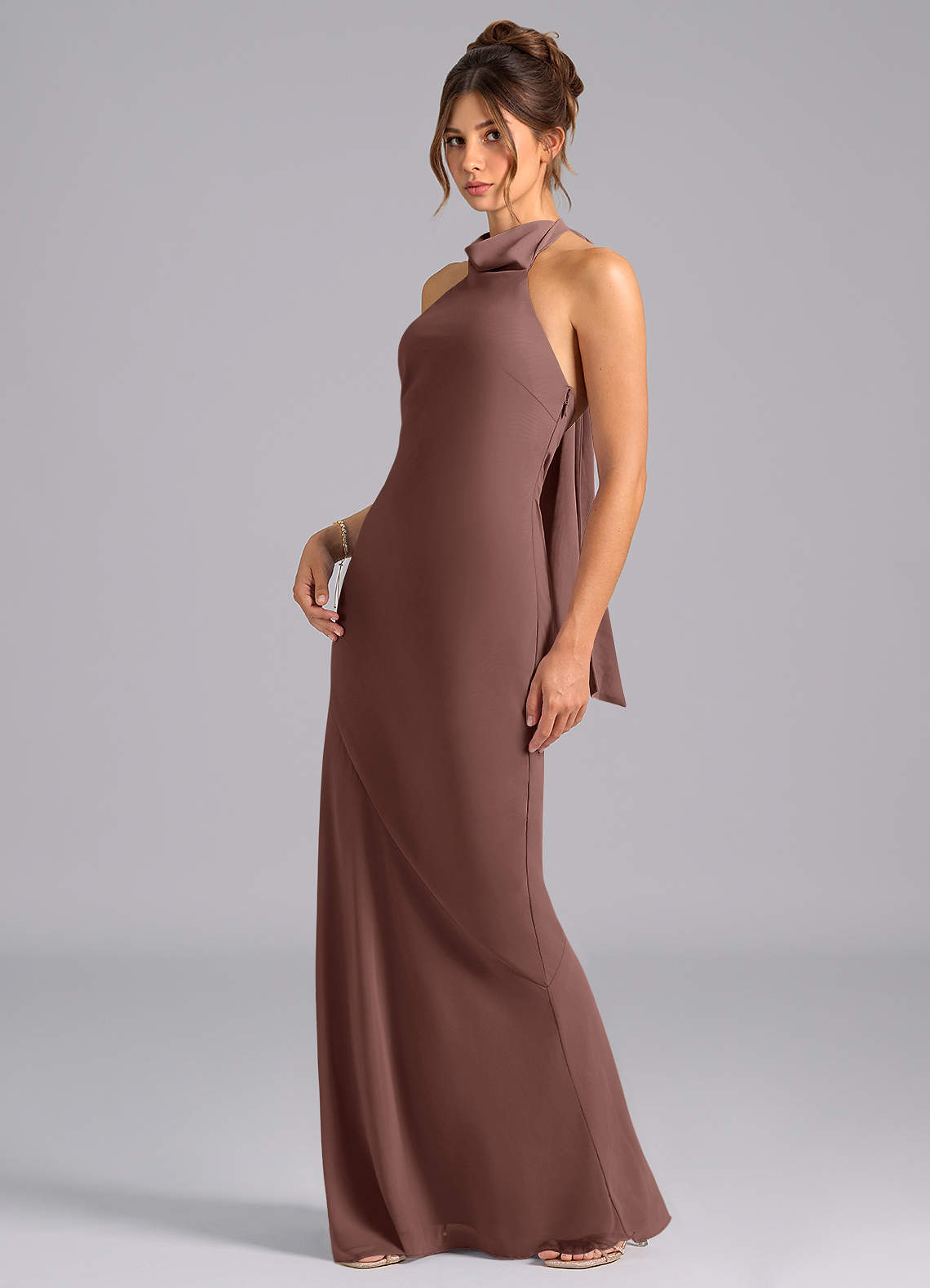 Velli Mermaid Halter Chiffon Bridesmaid Dress in Espresso
