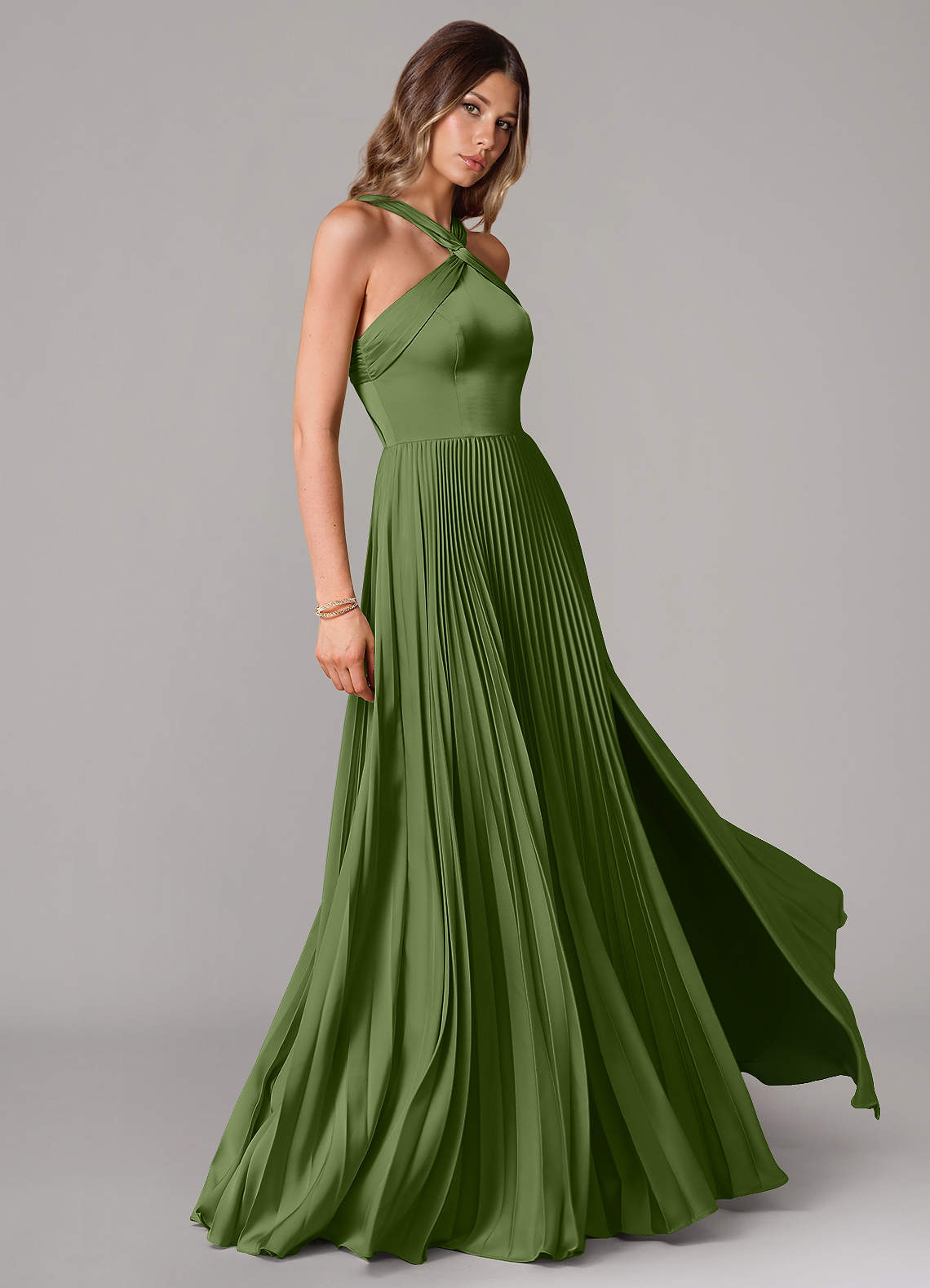 Afra A-Line Halter-Neck Stretch Satin Bridesmaid Dress in Juniper