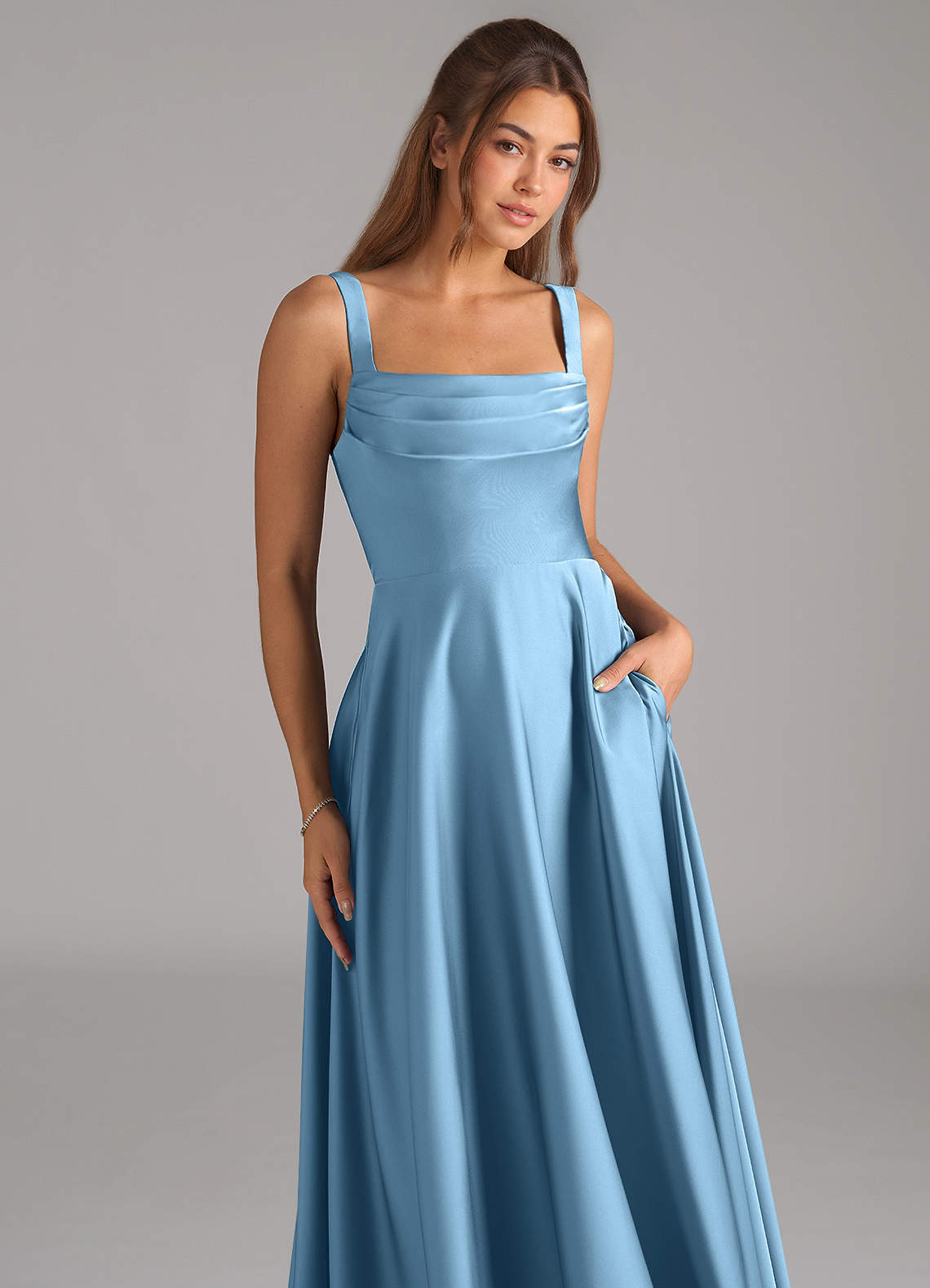 Shaude A-Line Square-Neck Stretch Satin Bridesmaid Dress in Steel Blue