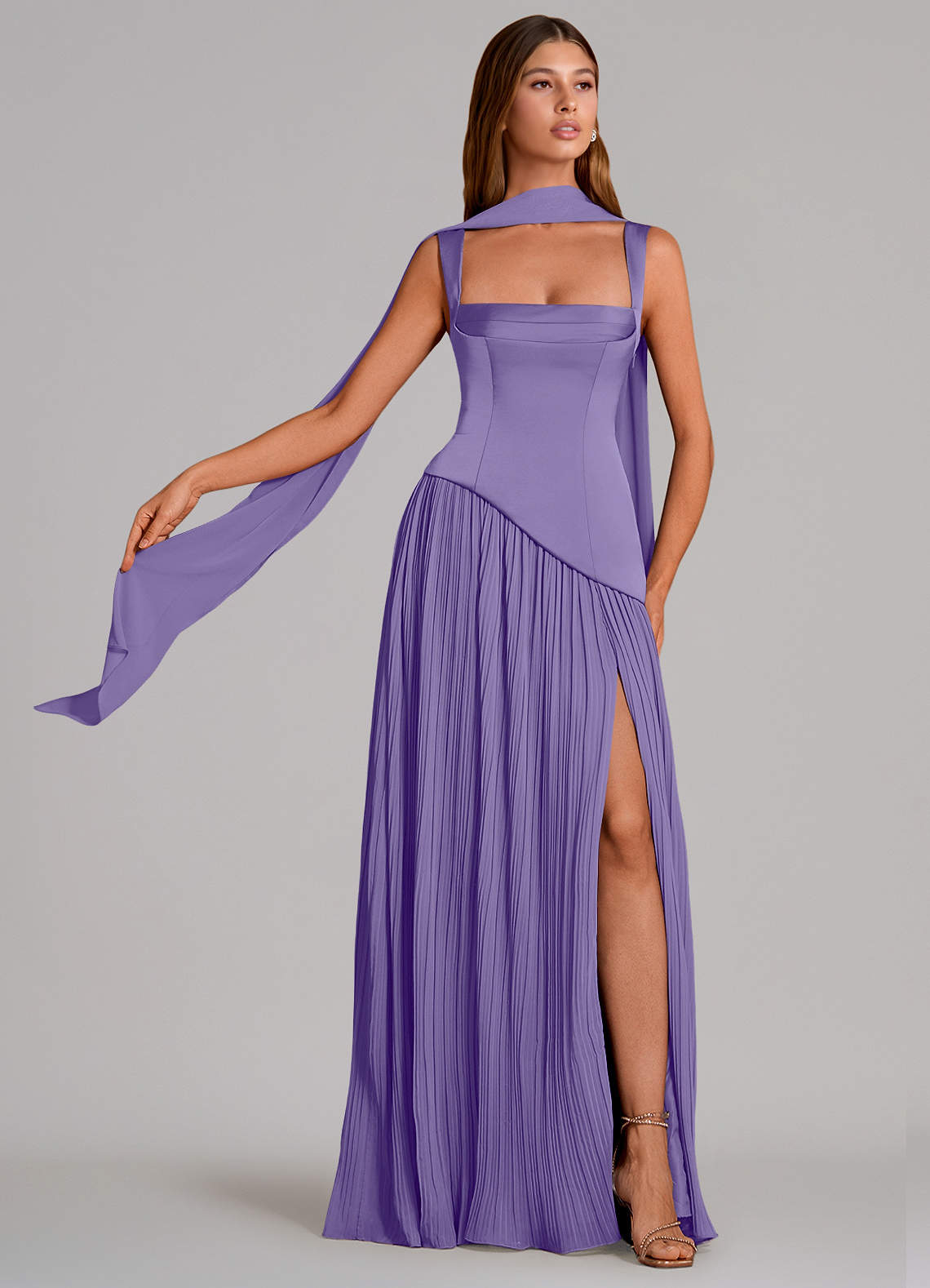 Stephanie A-Line Square-Neck Stretch Satin and Chiffon Bridesmaid Dress in Tahiti