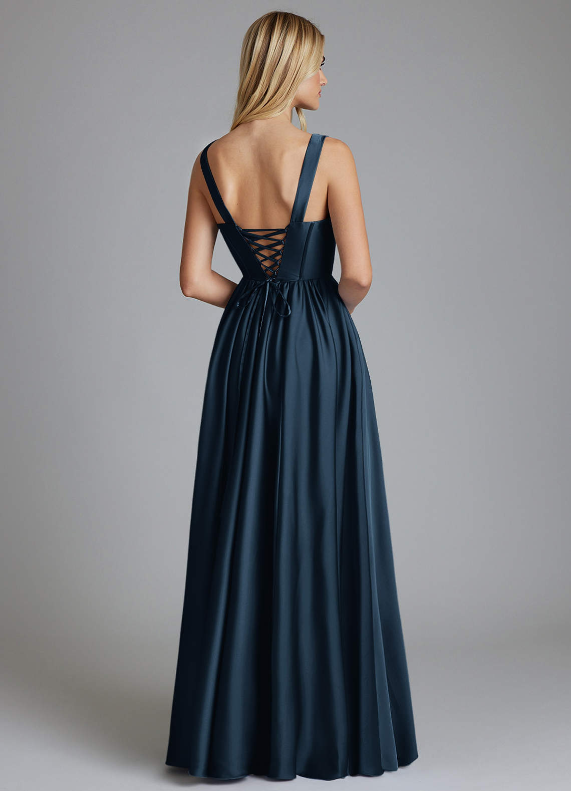 Delmie A-Line V-Neck Stretch Satin Bridesmaid Dress in Dark Navy