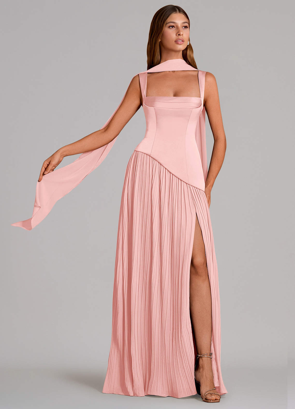 Stephanie A-Line Square-Neck Stretch Satin and Chiffon Bridesmaid Dress in Powder Pink