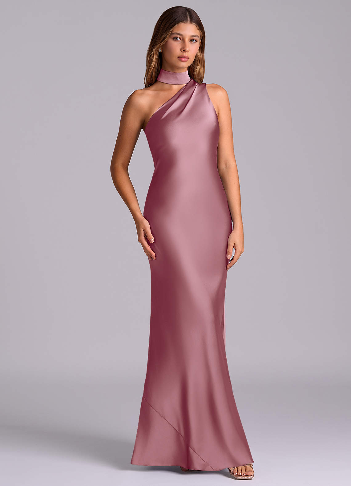 Seona Mermaid One-Shoulder Stretch Satin and Tulle Bridesmaid Dress in Vintage Mauve