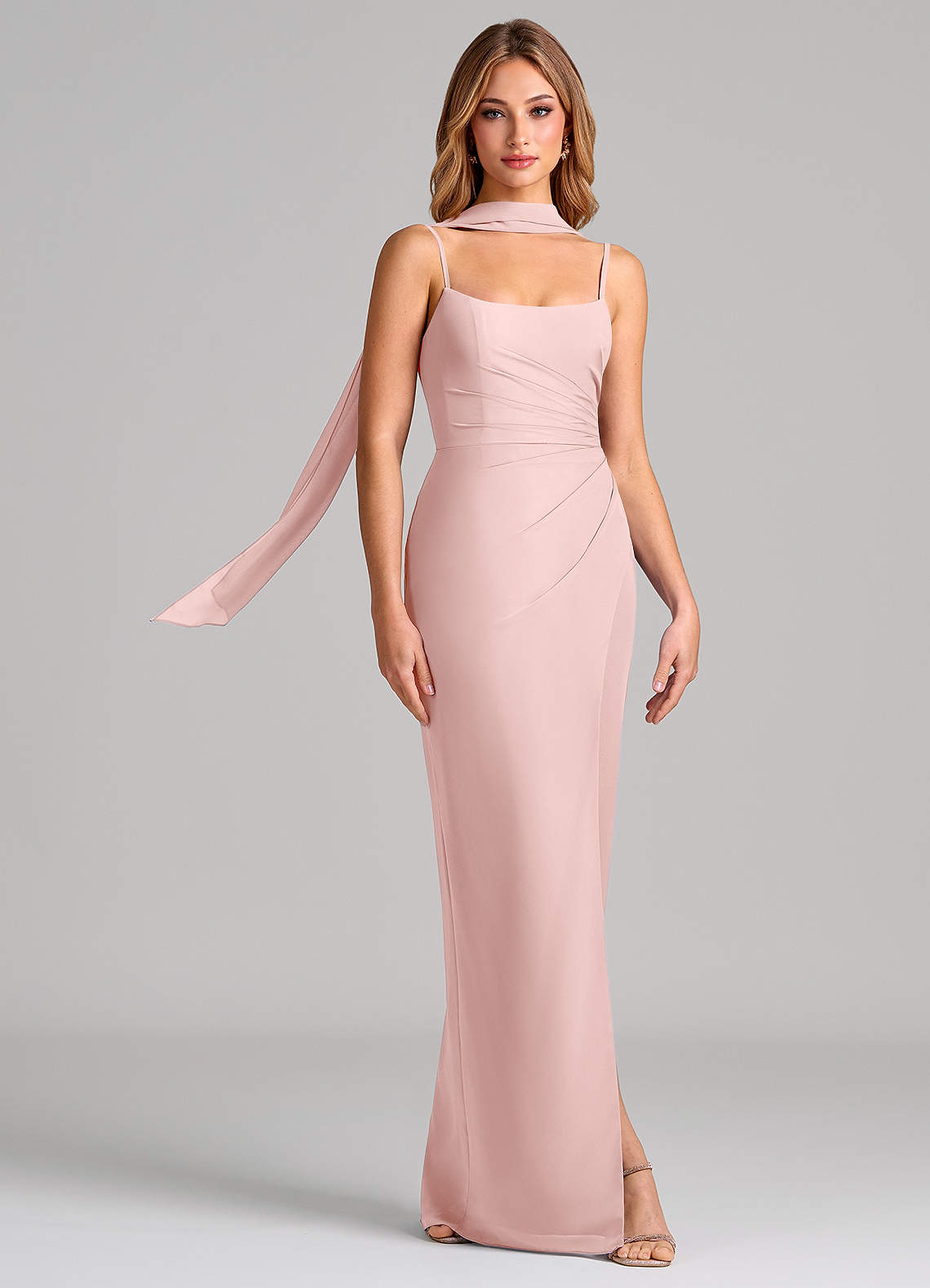 Calandra Sheath Scoop-Neck Chiffon Bridesmaid Dress in Powder Pink