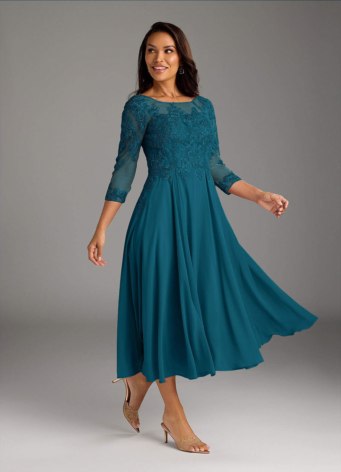 Marge A-Line Scoop-Neck Chiffon and Lace Mother of the Bride Dress in Ink Blue