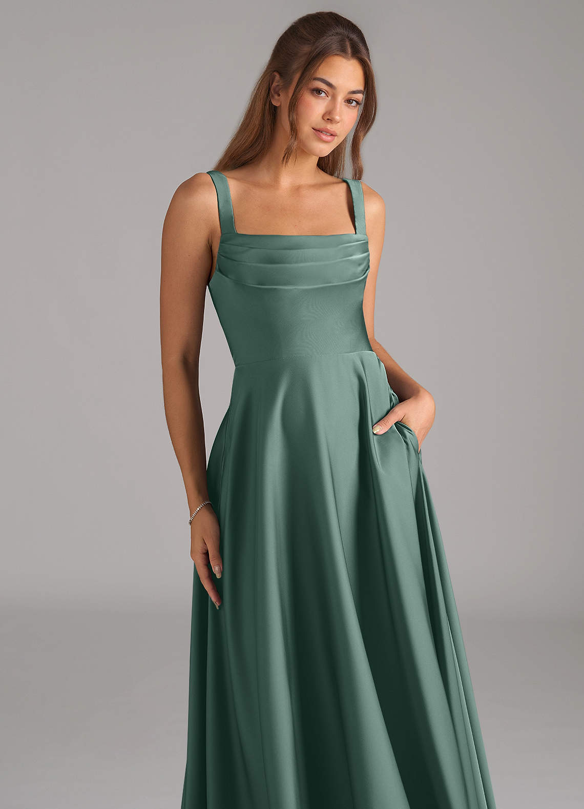 Shaude A-Line Square-Neck Stretch Satin Bridesmaid Dress in Eucalyptus
