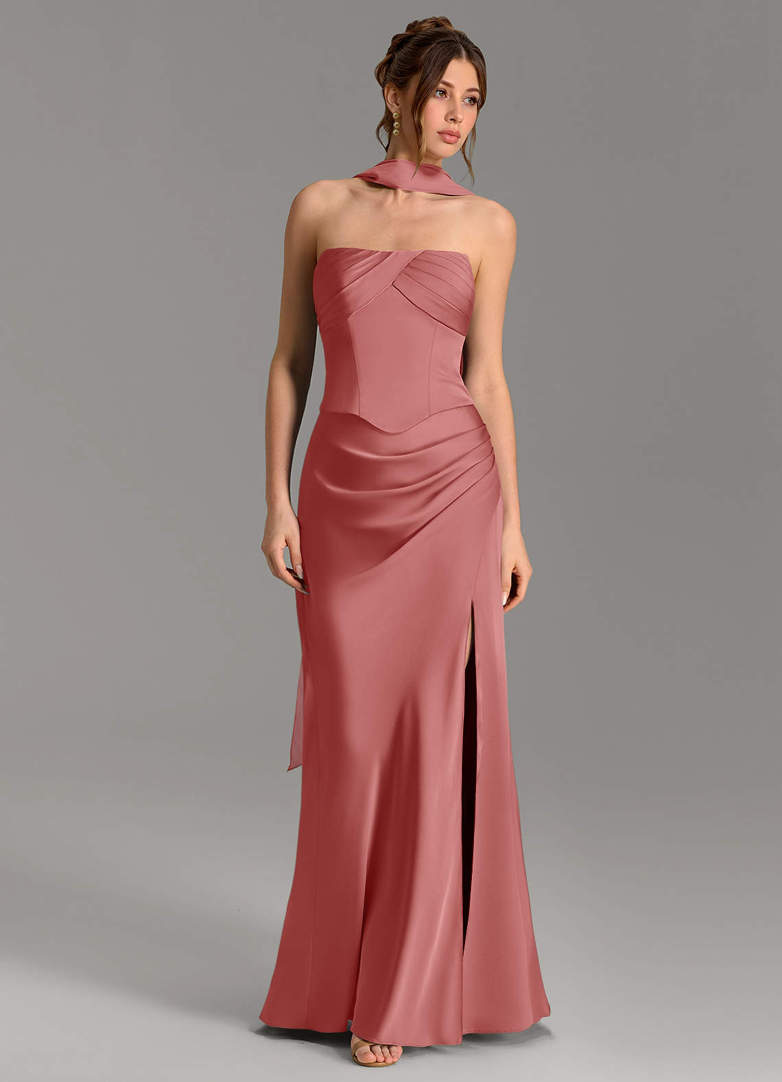 Nicki Sheath Scoop-Neck Stretch Satin Bridesmaid Dress in Antique Rose