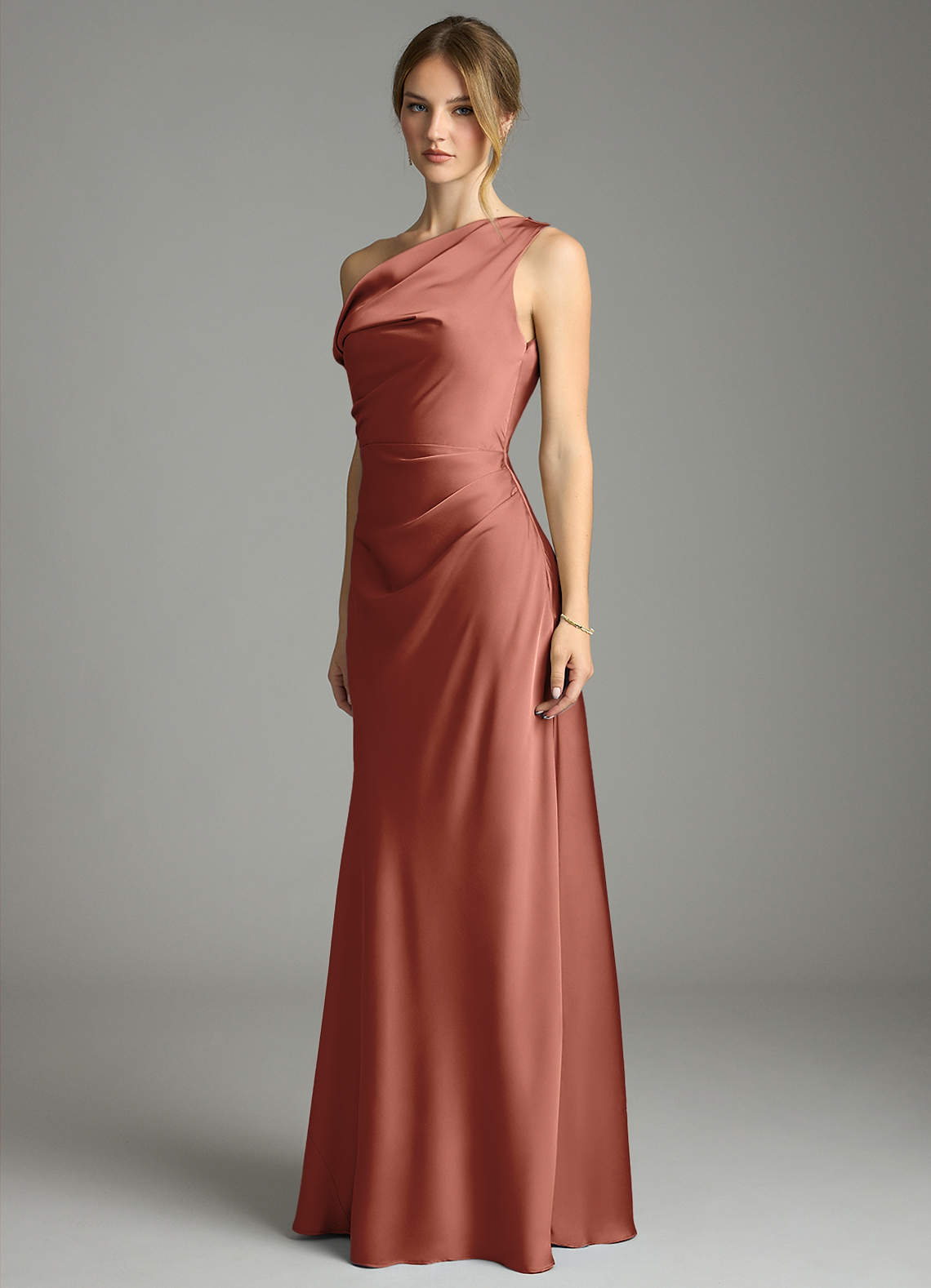 Emerson Mermaid One-Shoulder Stretch Satin Bridesmaid Dress in Auburn