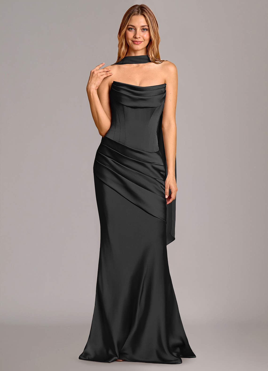 Pelagia Mermaid Cowl-Neck Stretch Satin Bridesmaid Dress in black