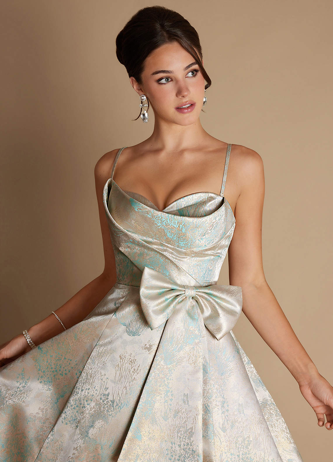 Alanis A-Line Strapless Brocade Evening Dress in Mint Pearl