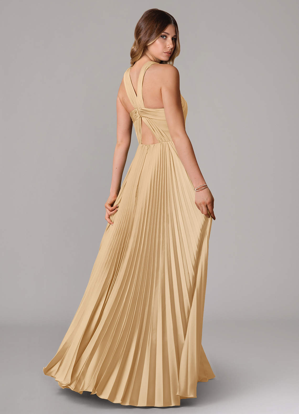 Afra A-Line Halter-Neck Stretch Satin Bridesmaid Dress in Gold