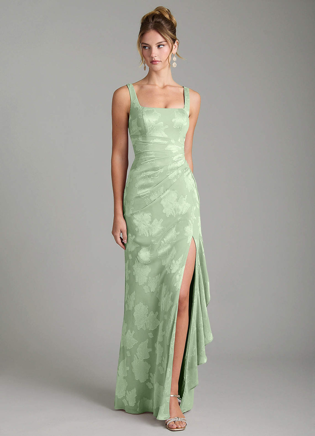 Veronica Mermaid Square-Neck Jacquard Bridesmaid Dress in Dusty Sage