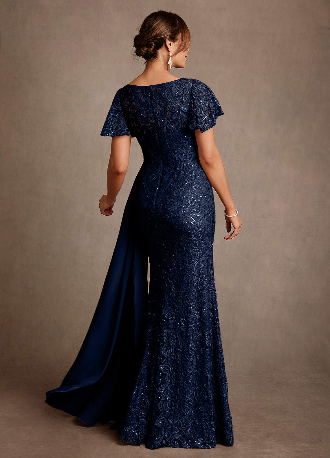 Harrison Mermaid Scoop-Neck Stretch Satin and Lace Mother of the Bride Dress in Dark Navy