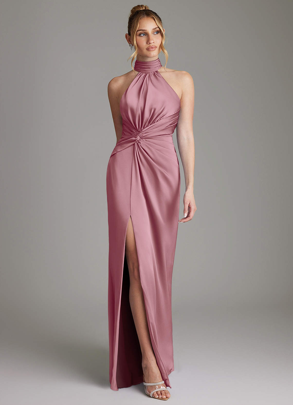 Gracelynn Sheath Halter Stretch Satin Bridesmaid Dress in Vintage Mauve