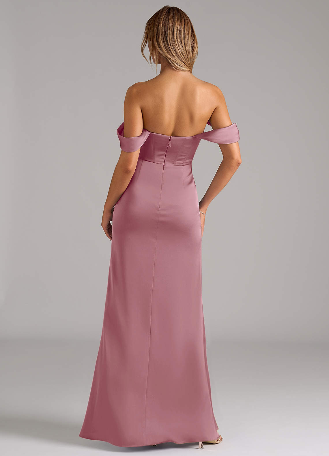 Johana Mermaid Off-the-Shoulder Stretch Satin Bridesmaid Dress in Vintage Mauve