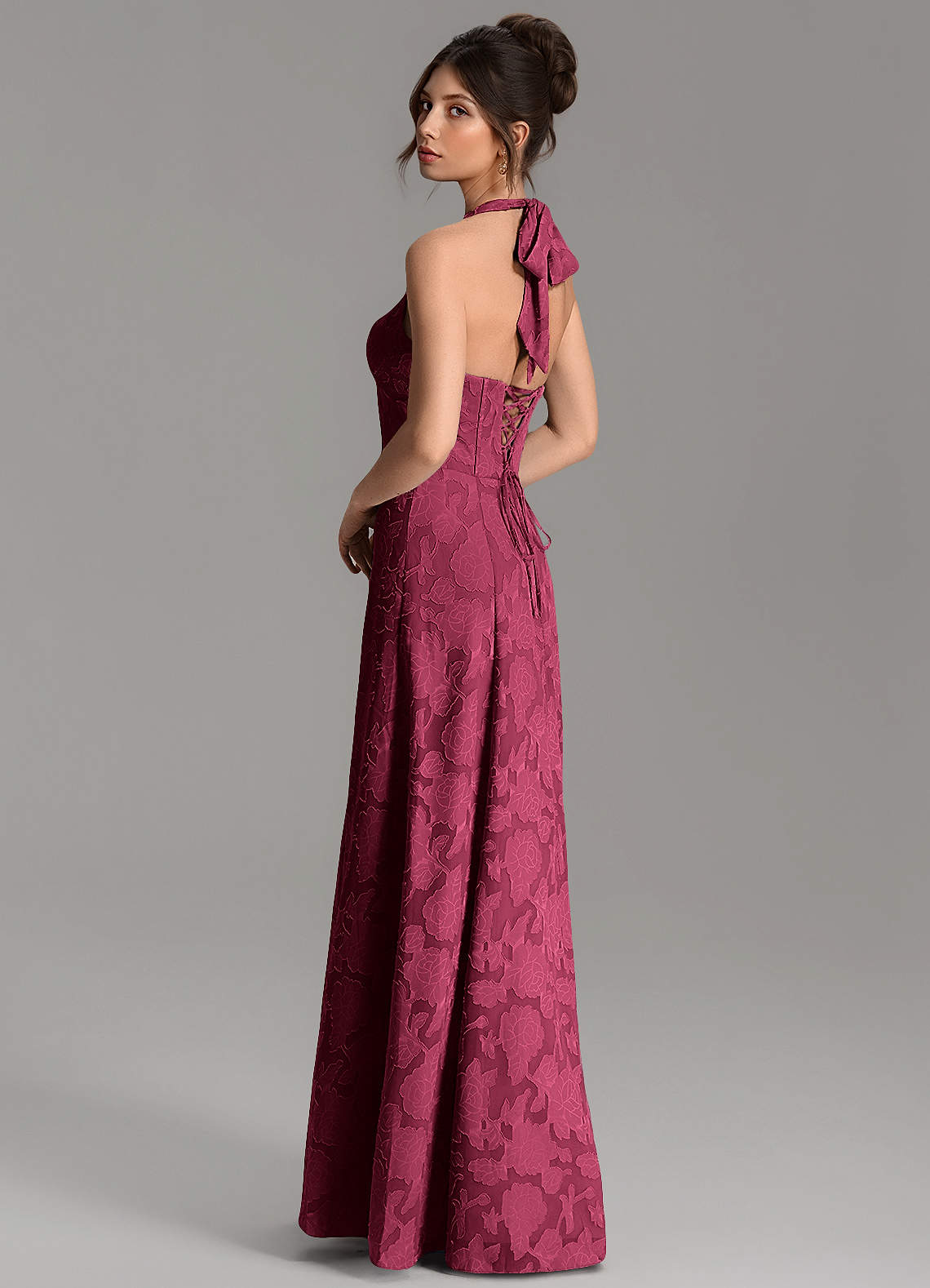 Nia A-Line V-Neck Floral Burnout Bridesmaid Dress in Burgundy