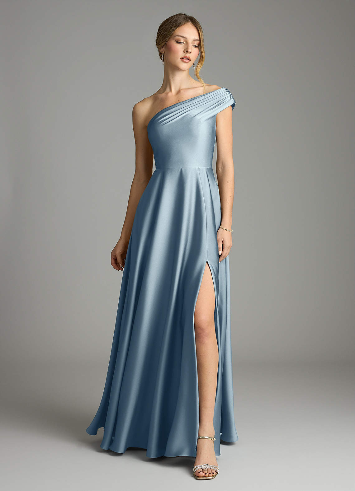 Melanie A-Line One-Shoulder Stretch Satin Bridesmaid Dress in dusty blue