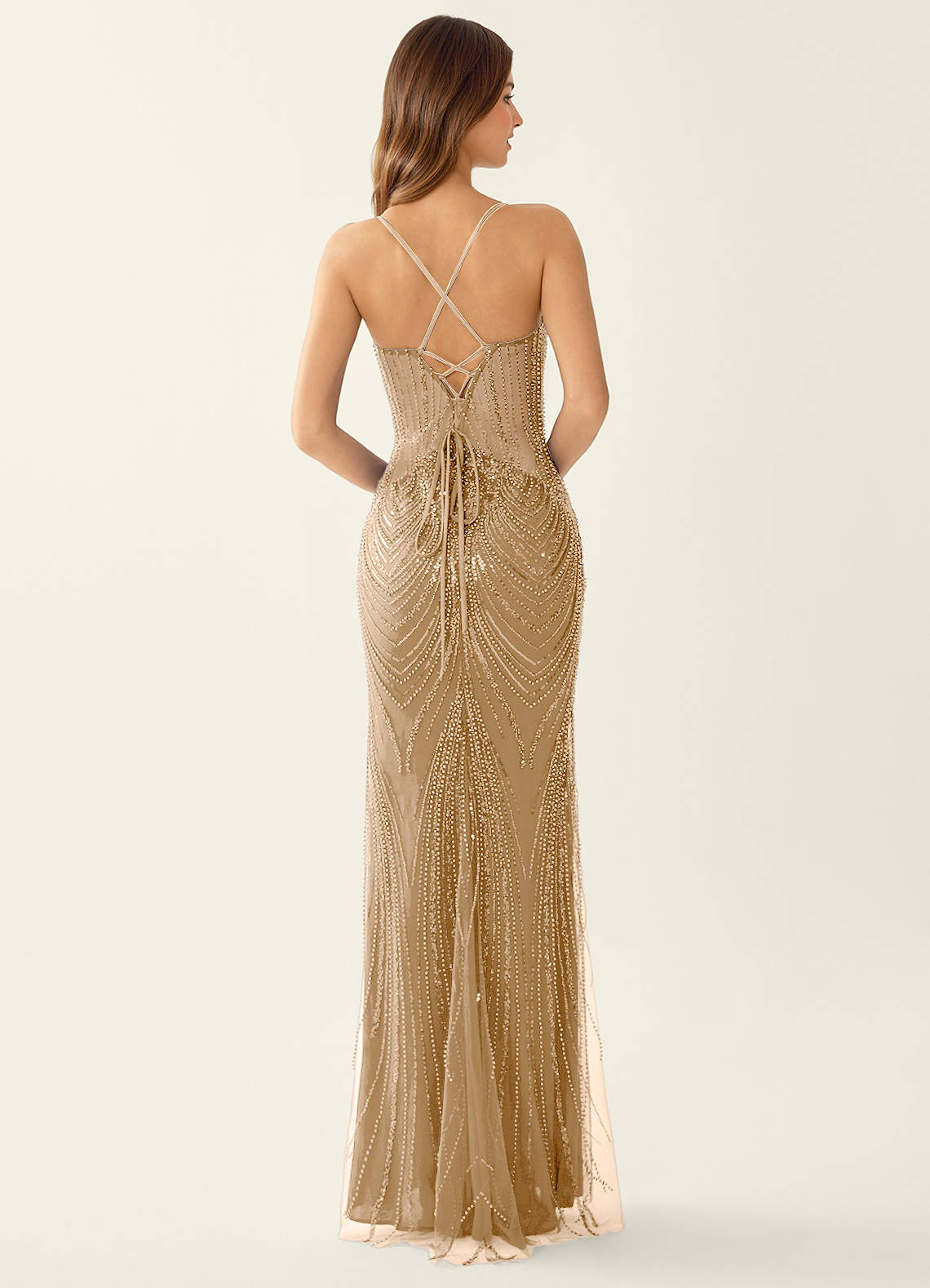 Magnolia Mermaid Beaded Sequined Stretch Mesh Evening Dress in champagne