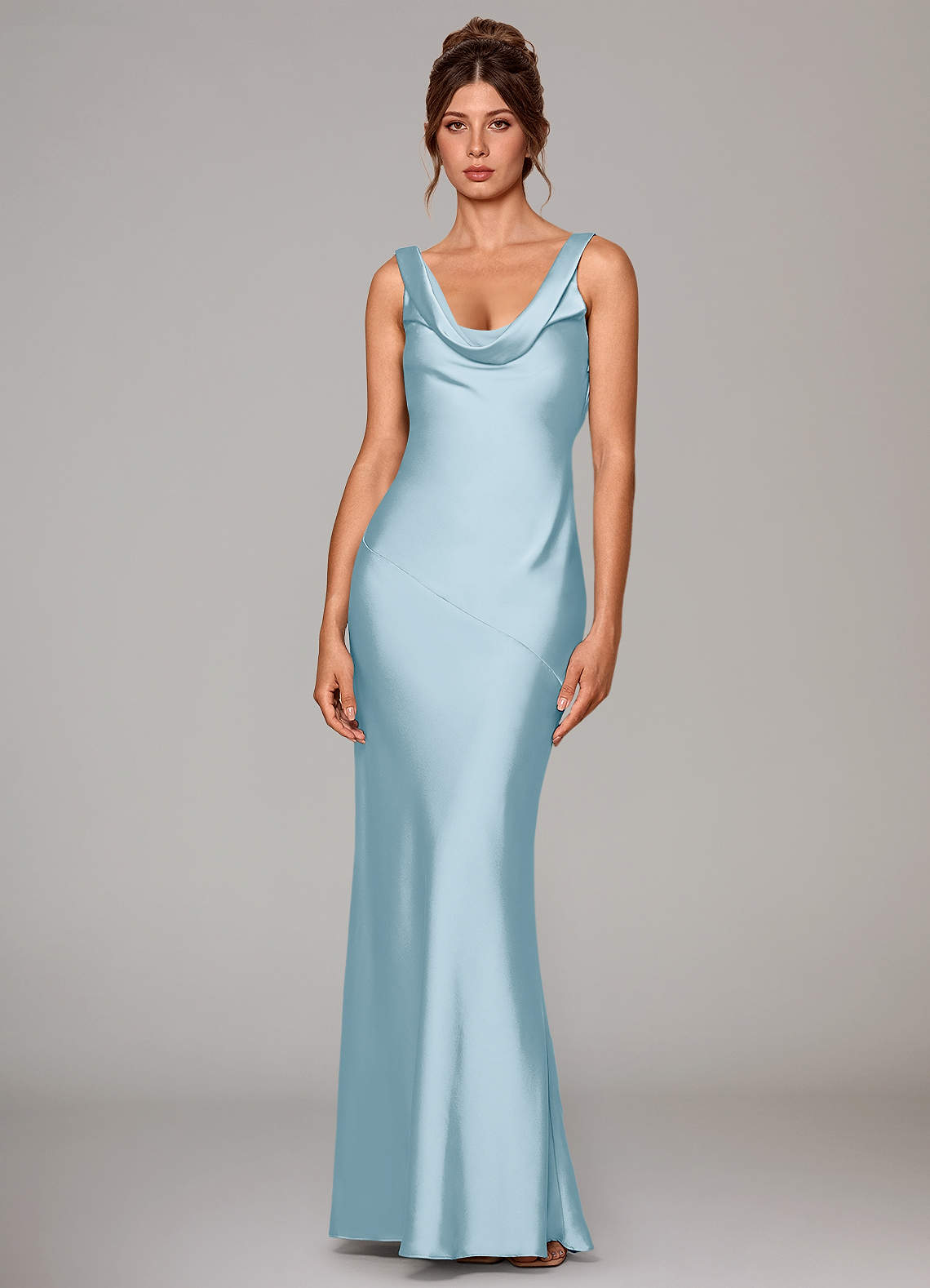 Rylina Mermaid Cowl-Neck Stretch Satin Bridesmaid Dress in Sky Blue