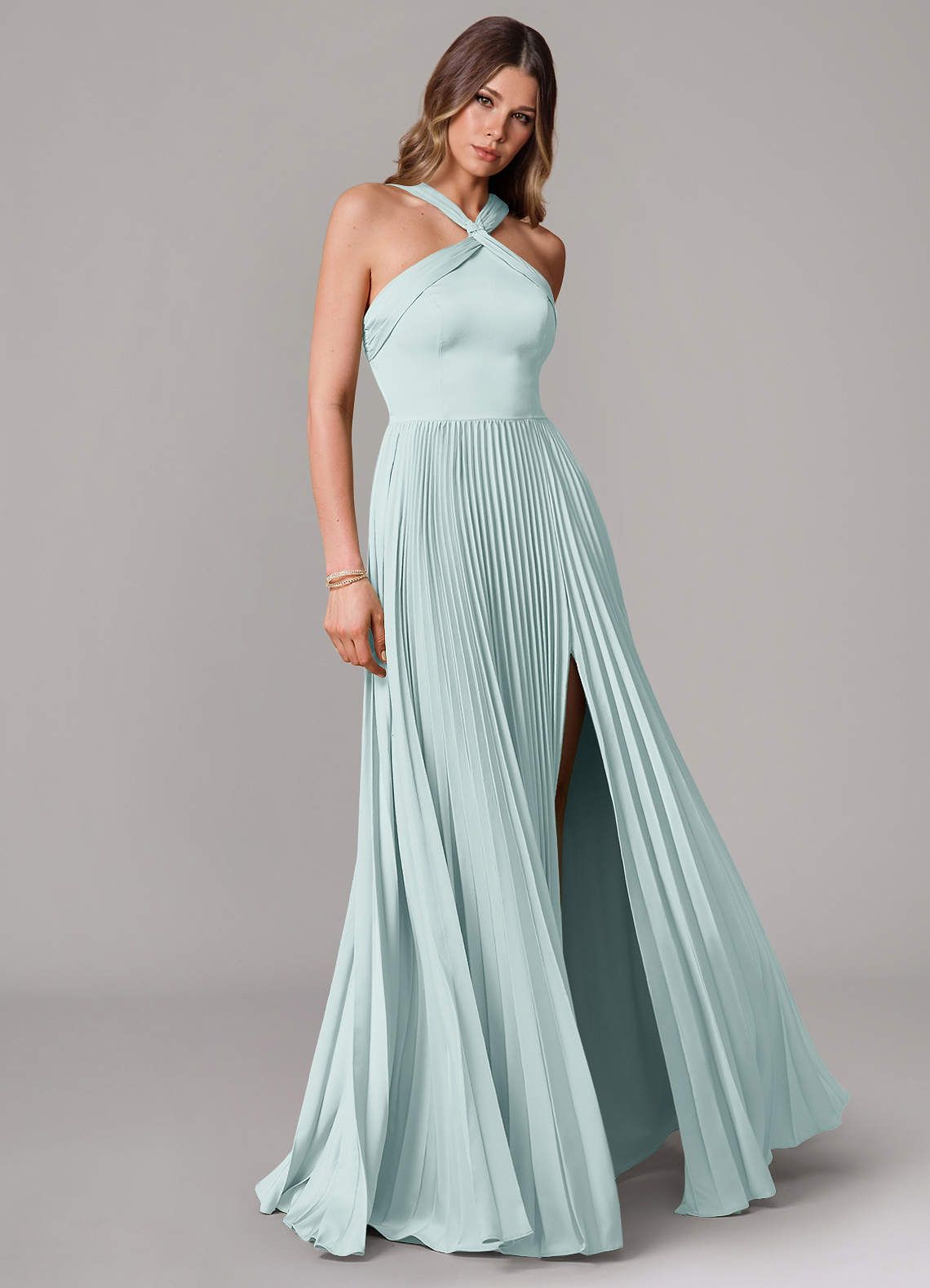 Afra A-Line Halter-Neck Stretch Satin Bridesmaid Dress in Mist